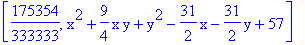 [175354/333333, x^2+9/4*x*y+y^2-31/2*x-31/2*y+57]